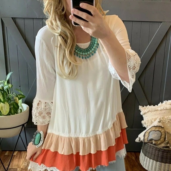 Figleaffashion Tops - Last Few! Ruffle Hem White Lace Tunic Blouse Top